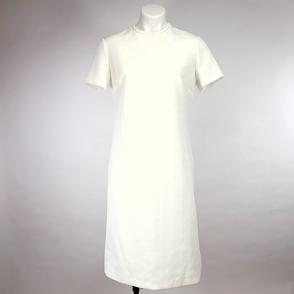 Vintage 60s Style Off White Handmade Textured Knit‎ Shift Dress Short Sleeve